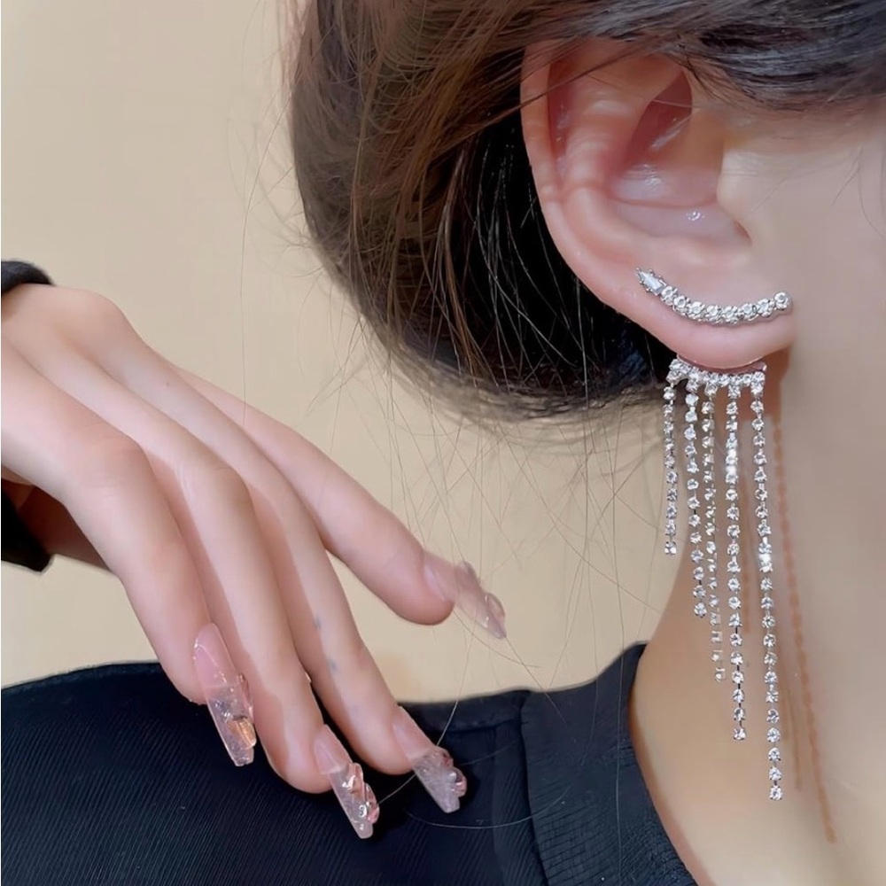 Silver Rhinestone Dangle Earrings - Picture 3 of 4